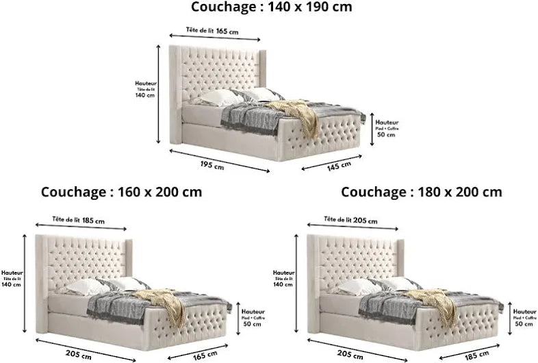 Cadre De Lit CLOUTE BEIGE - Velours capitonné