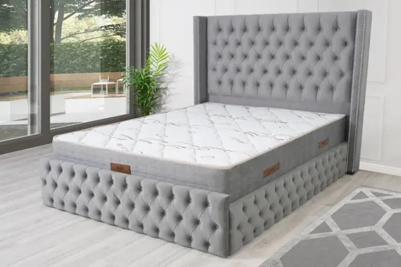 Cadre De Lit CLOUTE GRIS - Velours capitonné